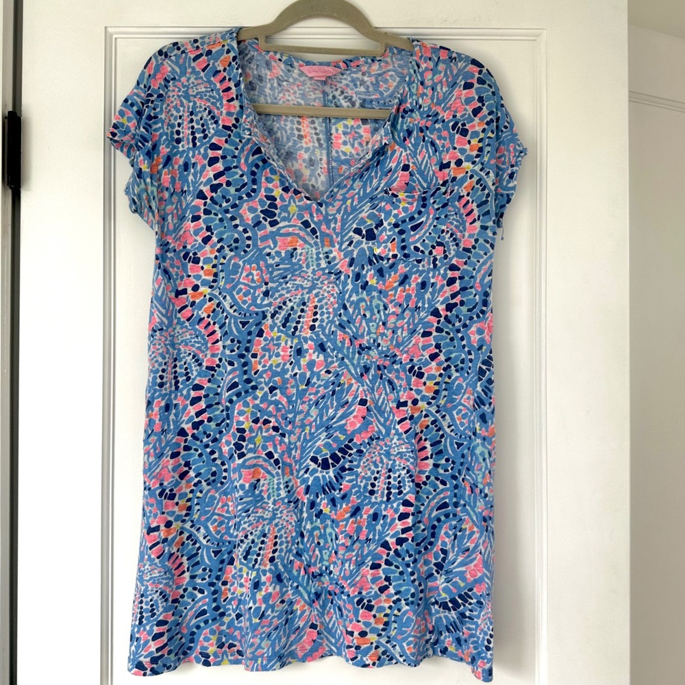 Lilly Pulitzer Duval Dress-Tic Tac Tile‎ Allover Shift Blue Print Linen S
